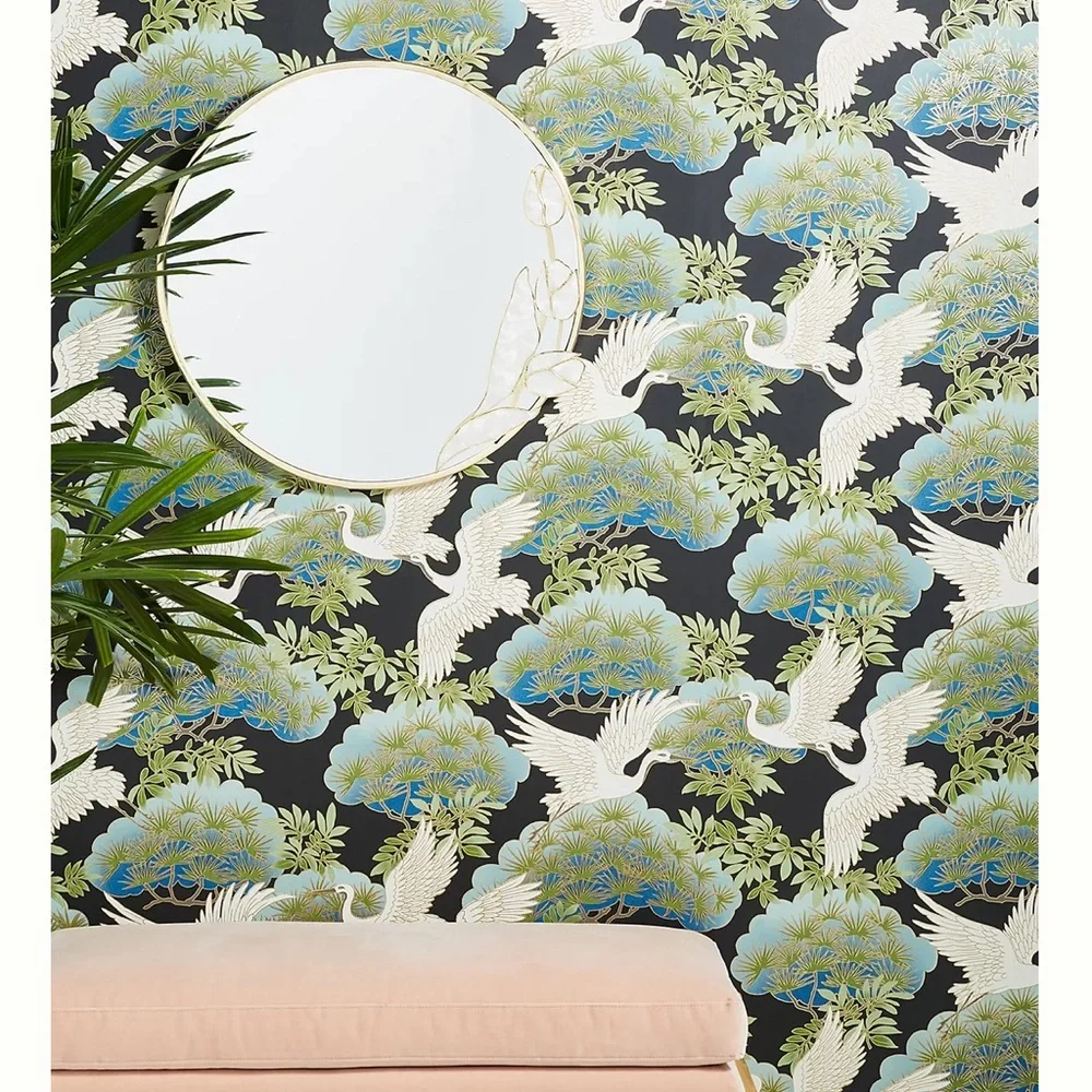 New Anthropologie Sprig and Heron Black Floral Wallpaper Mural
